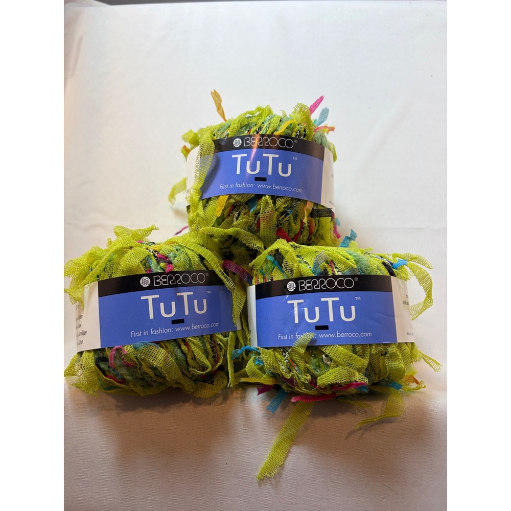 Lot of 3 Berroco TuTu Yarn Color 5797 Lime Green Multi Mesh Ruffle Novelty Italy